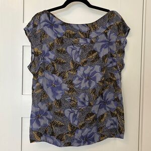 Odille Top - lightweight, tie back detail, purple yellow black floral